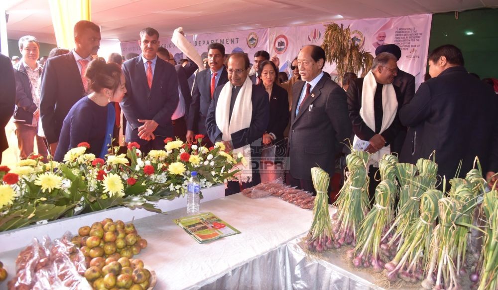Nagaland Governor Prof Jagdish Mukhi, Chief Minister Neiphiu Rio and others at agriculture department exhibition stall during Republic Day celebration in Kohima on January 26. (DIPR Photo)